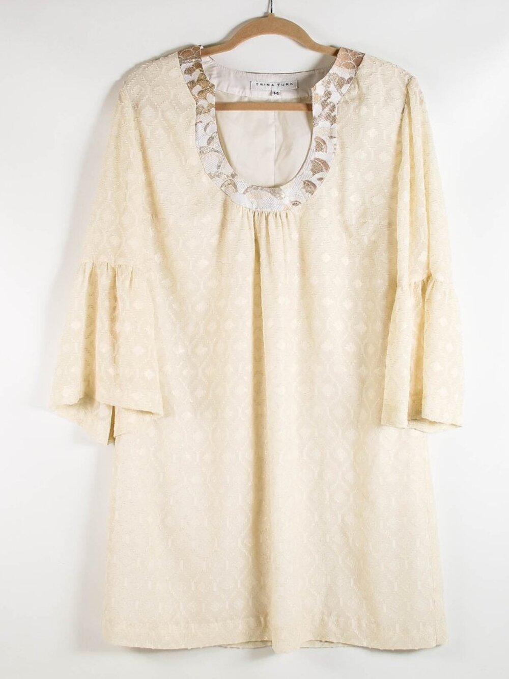 Trina Turk Bonita Ivory Gold Jacquard Bell Sleeve Dress 14